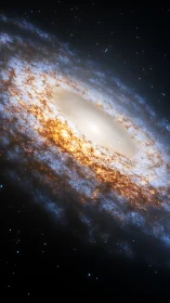 Oblique barred spiral galaxy render with luminous dust halo.