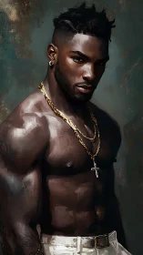 Muscular male portrait under moody painterly lighting.