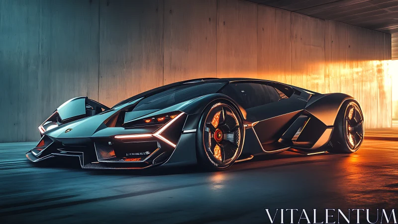 Hyper-angular concept hypercar under mixed warm and cool rim lighting