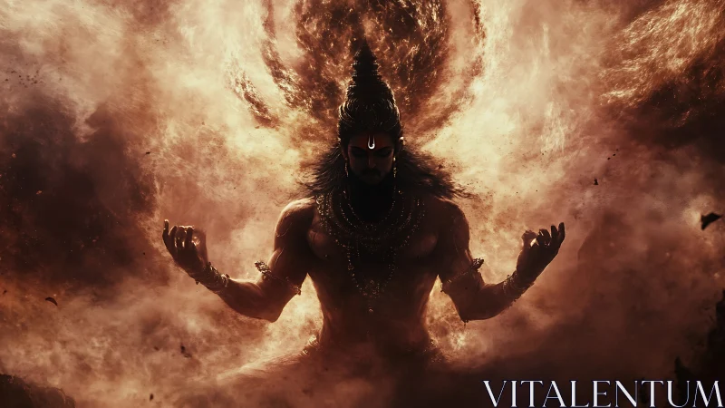 Mythic ascetic figure emerges from swirling incandescent vortex