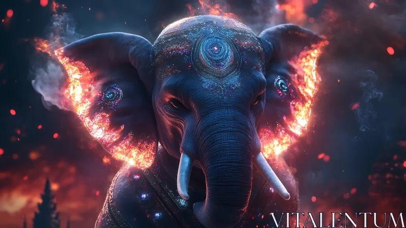 Mythic cosmic elephant with burning ears in glowing night
