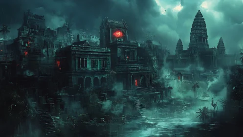 Dark flooded temple city under storm clouds and red glow.
