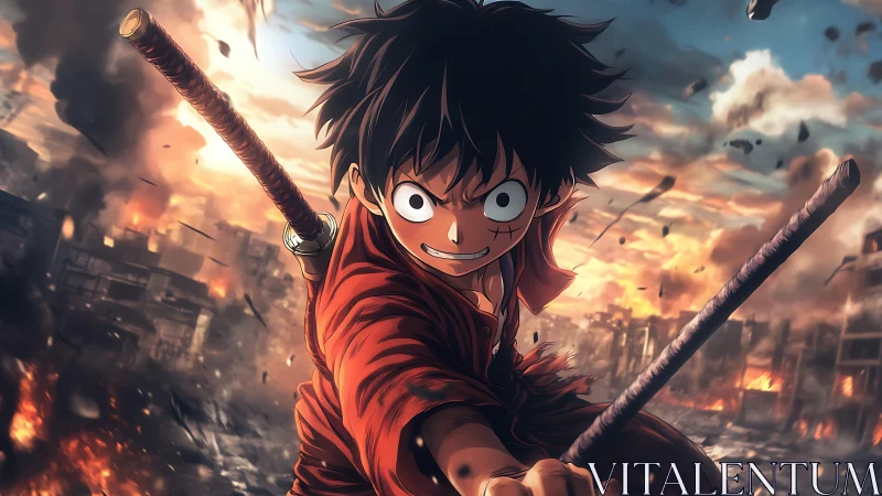 Dynamic anime swordsman in fiery post-battle urban ruin.