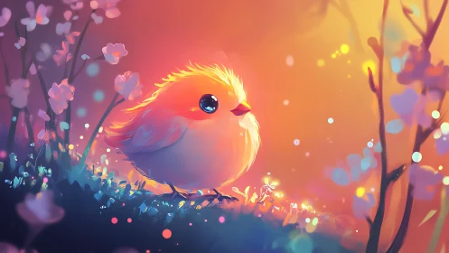 Digital painting of luminous songbird amid bokeh blossom field.