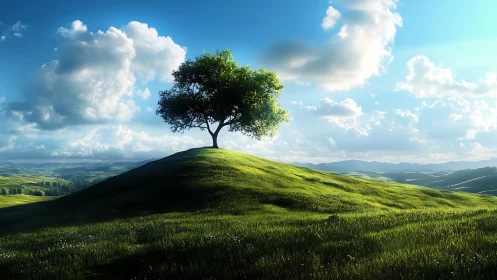 Single tree stands on sunlit grassy hill under clouds