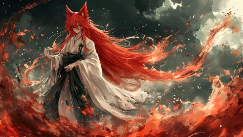 Fox-eared sorceress commands crimson firestorm skyward.