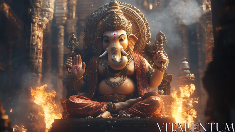 Golden temple glow around serene Ganesha statue in firelit calm.