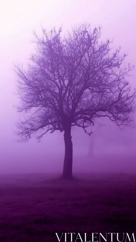 Solitary violet tree dreaming inside a hush of fog.