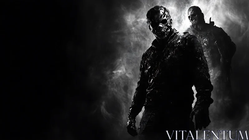 Masked figures emerge through monochrome smoke and shadow.