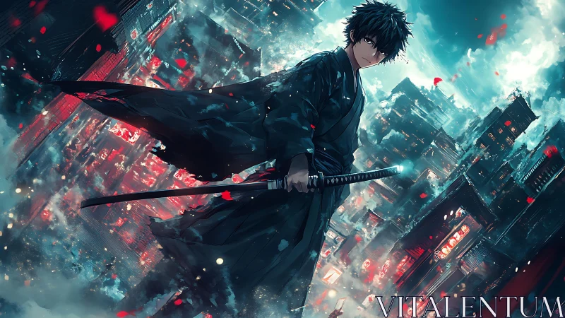 Dark haired swordsman stands over neon drenched night city.