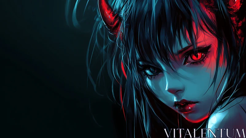 Fiery-eyed demon girl in moody blue and crimson light.