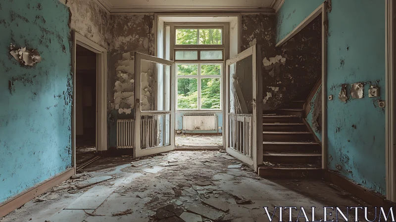 Quiet sunlight pouring into a gently crumbling hallway.