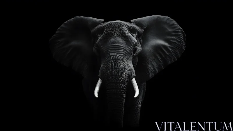 Close-up portrait of a dark elephant head on black background.