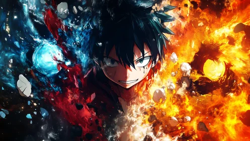 Anime hero amid blue ice and orange fire energies.