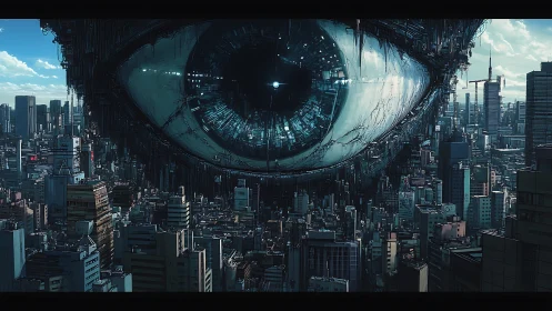 Giant cybernetic eye watching over a restless future city.