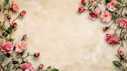 Pink roses and buds arranged on textured beige surface.