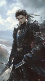 Dark armored swordsman overlooking misty landscape scene.