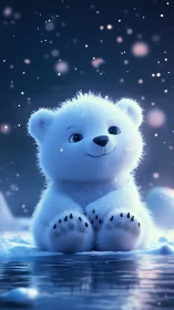 Young polar bear character on icy surface at night.