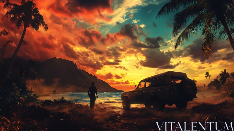 Coastal shoreline with off-road vehicle at vivid sunset.