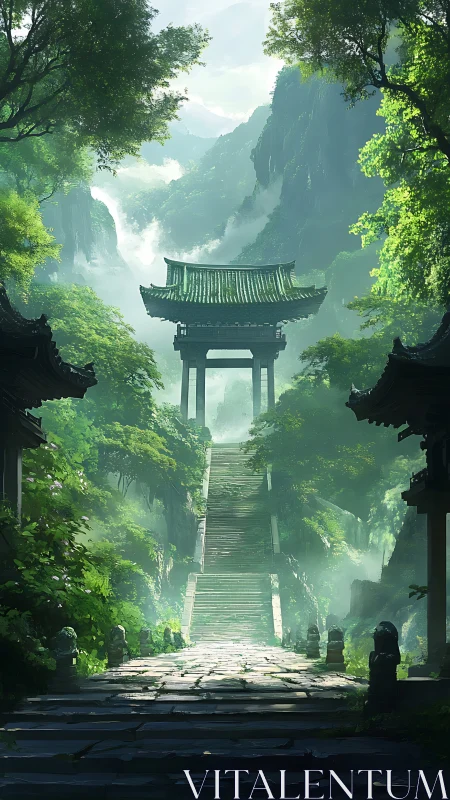 Verdant mountain shrine gate rising through ethereal mist.