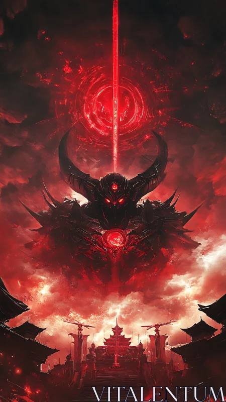 Monolithic demonic war-machine hovers above citadel under radial beam