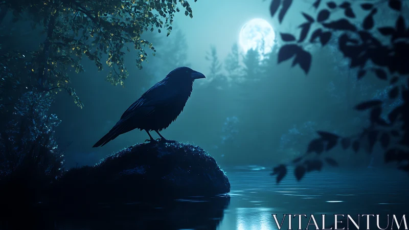 Quiet raven rests by moonlit forest lake at midnight.