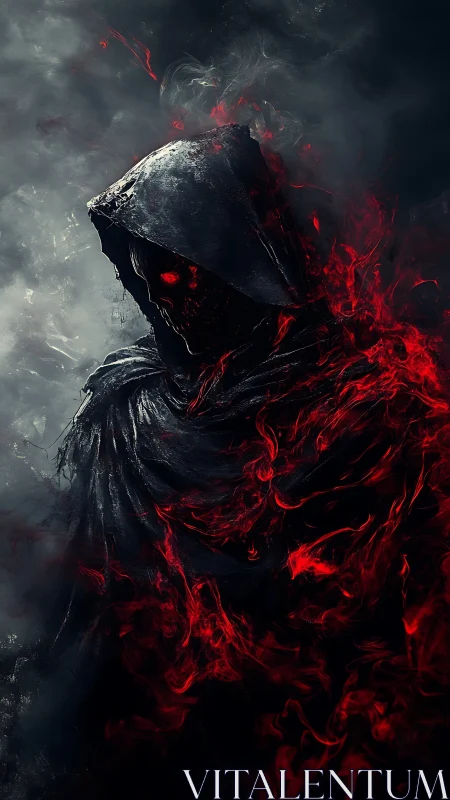 Hooded ember wraith rising from smoke and scarlet ash.