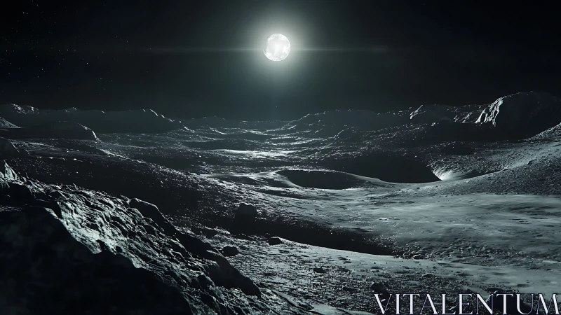 Moonlit alien crater plain under a stark cosmic sky.