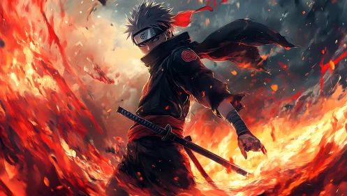 Masked ninja swordsman amid swirling fire and embers.