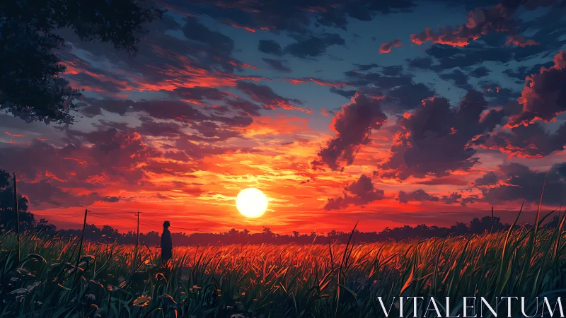 Low-angle field sunset with silhouetted figure and high-contrast sky