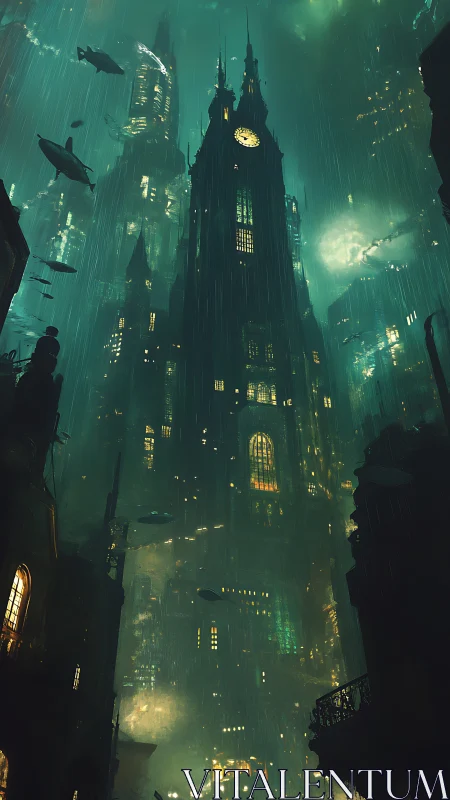 Gothic clocktower rises in a flooded neon metropolis.
