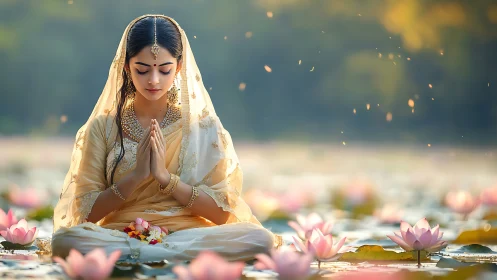 Serene Indian Woman Meditating in Lotus Pond, Dreamy Artistic Style.