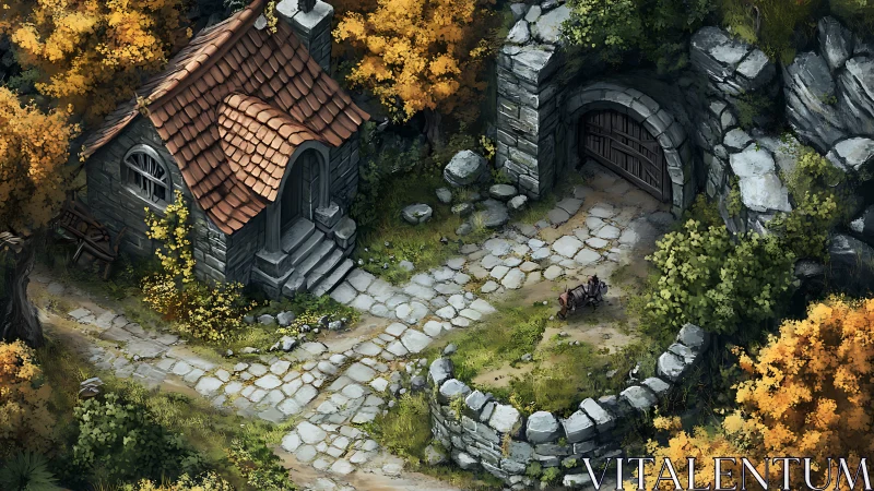 Stone cottage and gate in autumnal forest, isometric digital painting.