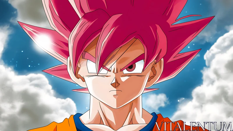 Pink haired anime warrior stares forward against cloudy sky