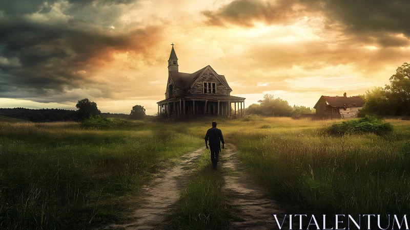 Backlit storm sky frames lone figure approaching derelict chapel