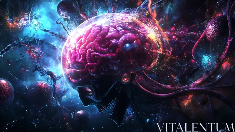 Neon cosmic brain entity amid swirling galactic nebulae.