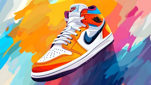 Colorful sneaker floats over bold abstract paint swirls