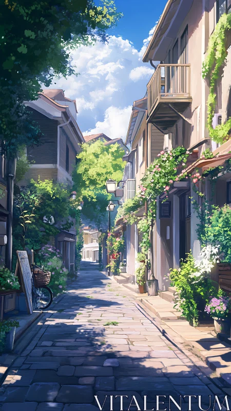 Sunlit garden alleyway where cobblestones learn to bloom.
