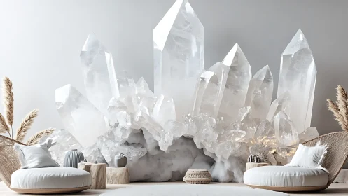 Monumental quartz crystal wall anchors serene neutral lounge.