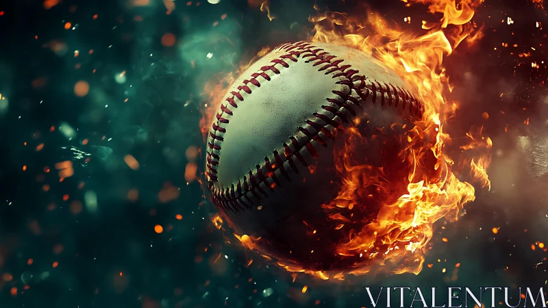 Baseball engulfed in flames against dark smoky background.
