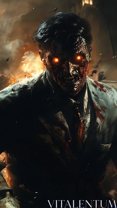 Zombie-like suited figure advances amid contained explosion