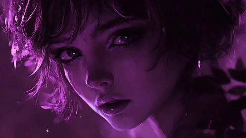 Violet dusk clings to her gaze as neon shadows learn to breathe