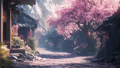 Cherry blossom tree dominates quiet traditional street scene.