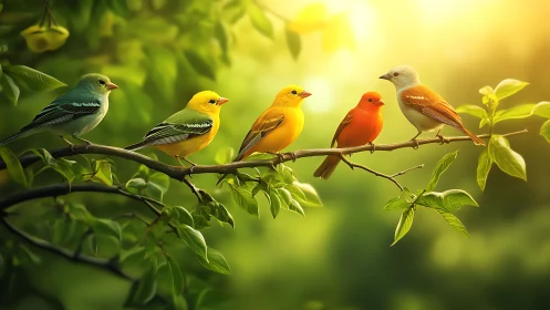 Colorful birds perched on leafy branch, glowing sunlight, nature art.
