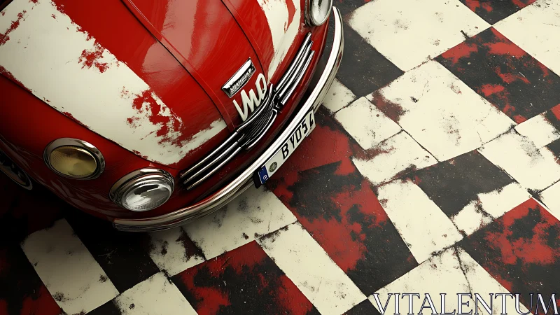 Weathered red mini on gritty checkerboard garage floor.