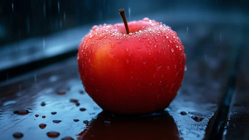 Hydrated red apple under directional rain on wet surface.