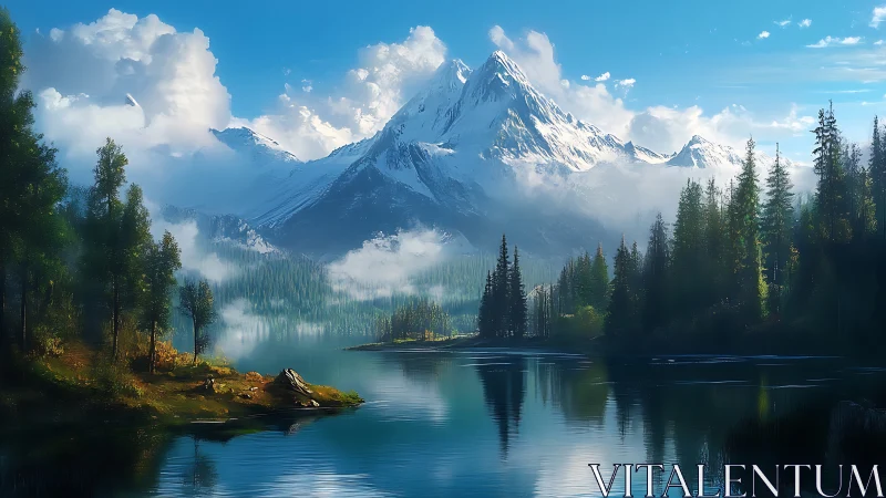 Snow-covered mountain above conifer forest and lake panorama.