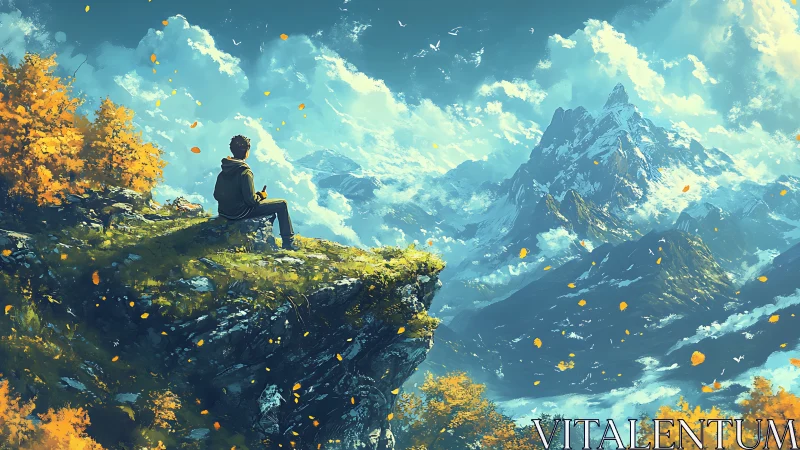 Solitary hiker overlooking vast autumn mountain panorama.
