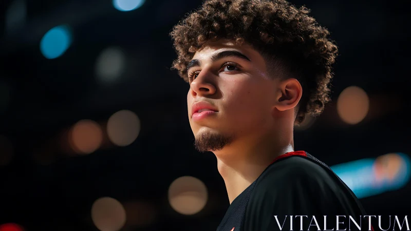 Young basketball player studies court under arena lights