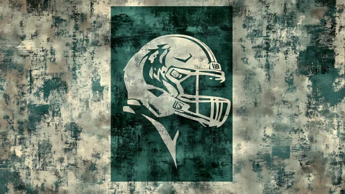 Grunge-rendered gridiron helmet emblem on textured teal field.